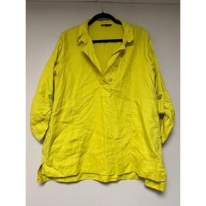 JOHN MARK Linen Tunic Shirt Women L Yellow Roll Tab Sleeve Collared